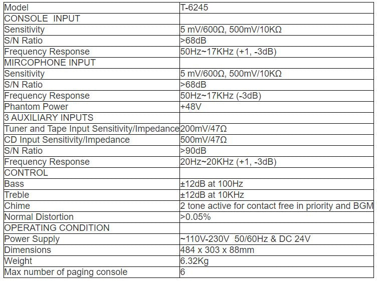 T-6245 6 Zone Mixer with Voice Recorder