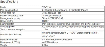 TS-8110 Network Switch（Specification TS-8110W24）