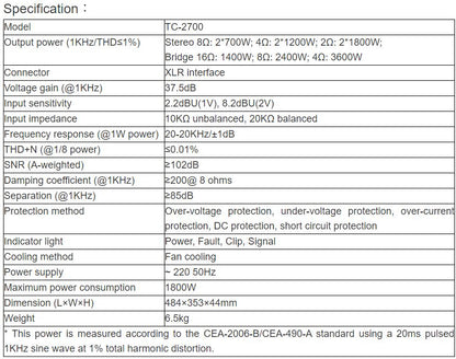 TC-2700 Professional Amplifier