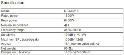 KT-DS218 Professional Subwoofer