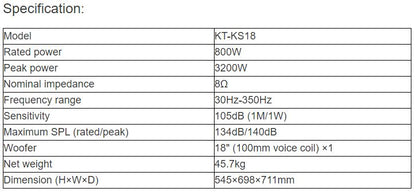 KT-KS18 Professional Subwoofer